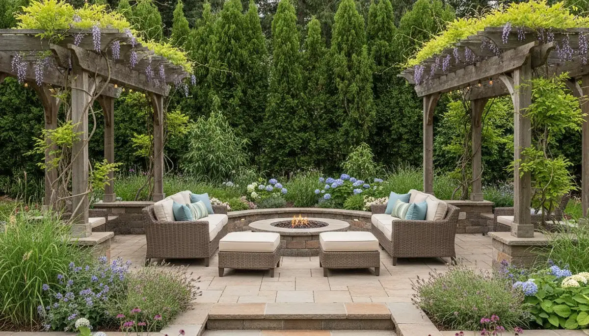 Backyard patio and landscape design with lighting and seating by Chop Chop Landscaping in Spokane, WA