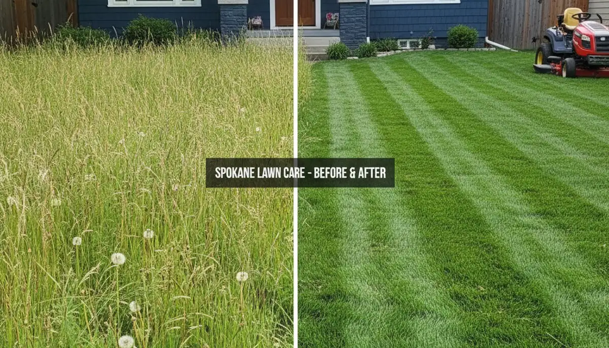 Before and after lawn mowing comparison showing fresh green grass and trimmed yard care in Spokane, WA