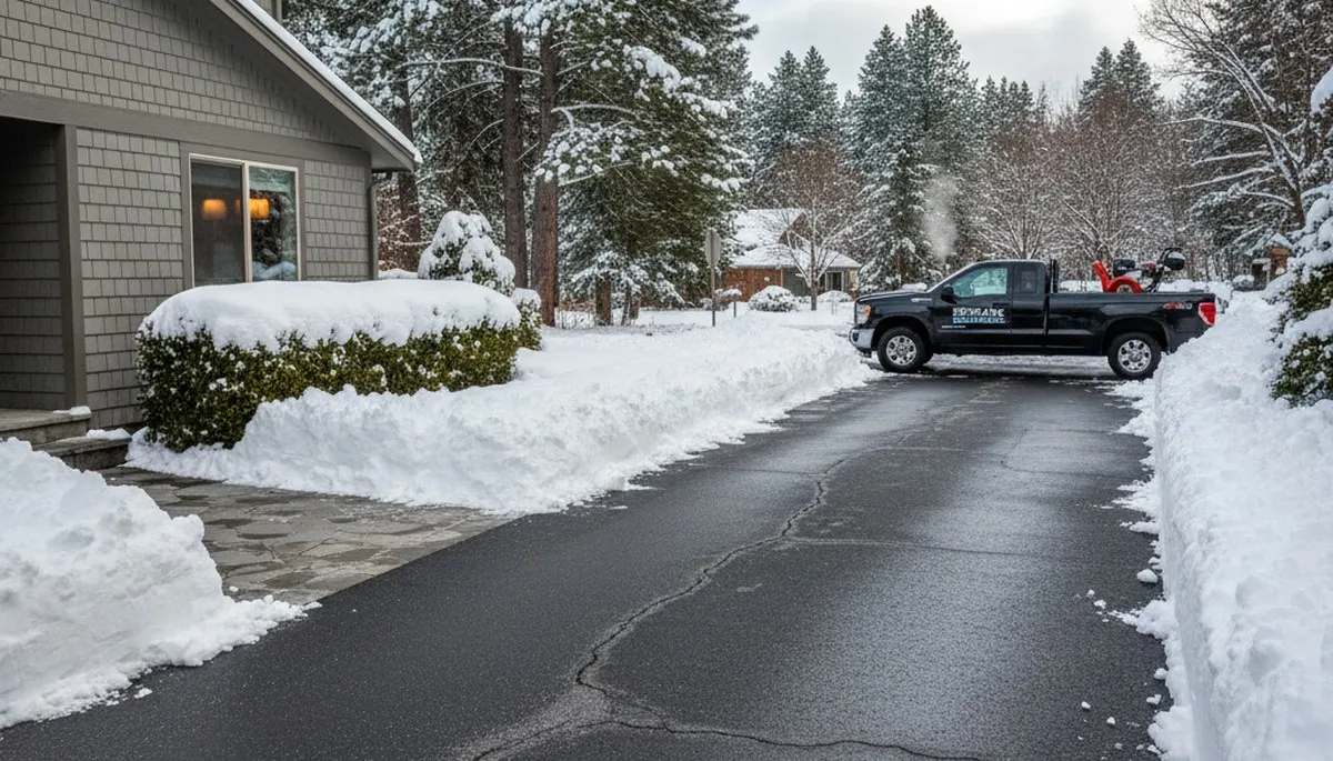 Cleared residential driveway after professional snow removal by Chop Chop Landscaping in Spokane, WA