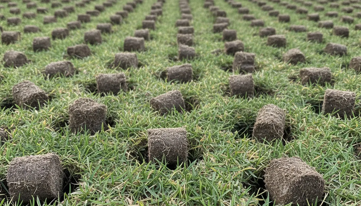 Close-up of soil core plugs after professional lawn aeration on Spokane, WA turf by Chop Chop Landscaping