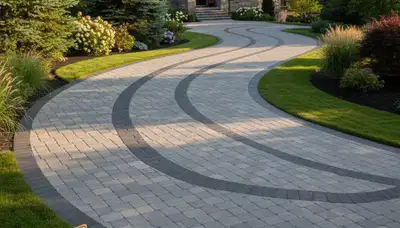 Curved paver driveway design by professional landscapers in Spokane, WA showcasing expert craftsmanship