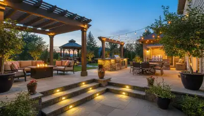 Illuminated deck and patio with professional landscape lighting in Spokane, WA by Chop Chop Landscaping