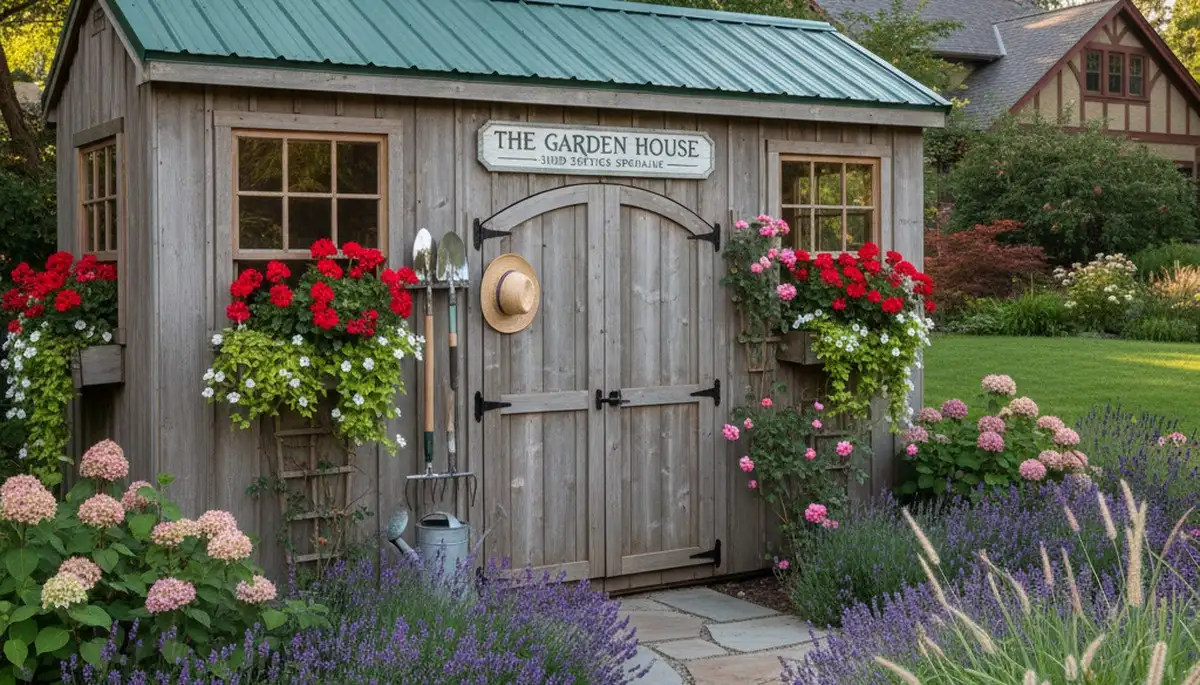 Decorative garden shed with lush landscaping in Spokane WA by Chop Chop Landscaping