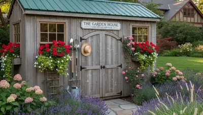 Decorative garden shed with lush landscaping in Spokane WA by Chop Chop Landscaping