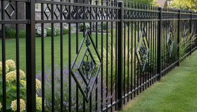 Black ornamental metal fence with decorative design by Chop Chop Landscaping in Spokane, WA
