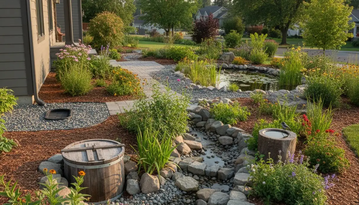 Rain garden with natural water filtration and organic landscaping design in Spokane, WA