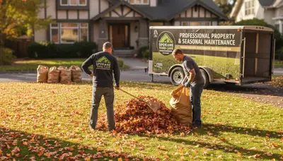 Landscapers raking and bagging fall leaves during yard clean up service in Spokane, WA