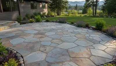 Flagstone patio with natural stone pavers professionally installed by Chop Chop Landscaping in Spokane, WA