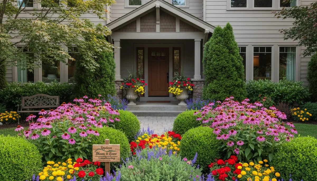 Front yard landscape design with colorful plants and shrubs enhancing home curb appeal in Spokane, WA