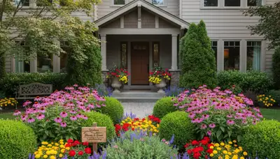 Front yard landscape design with colorful plants and shrubs enhancing home curb appeal in Spokane, WA