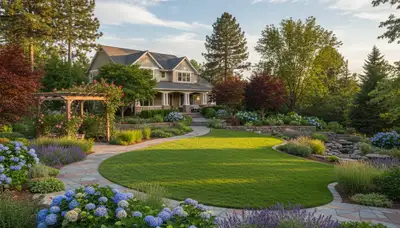 Full property landscape with layered plantings and hardscape by expert landscapers in Spokane, WA