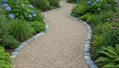 Well-maintained pea gravel garden path with natural landscaping in Spokane, WA by Chop Chop Landscaping