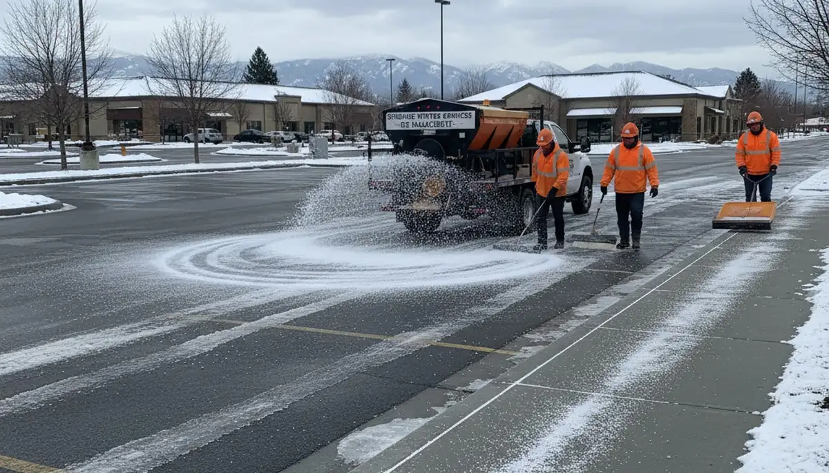 Professional de-icing and salt application on pavement for winter safety in Spokane, WA