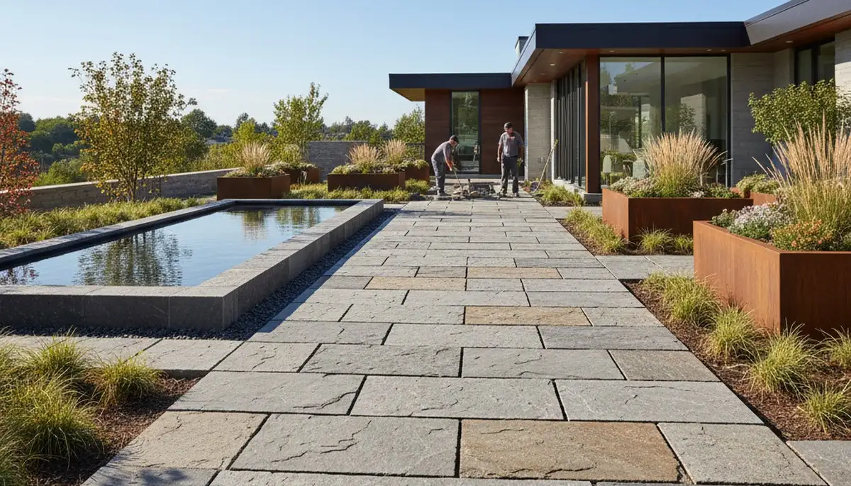 Large format stone slab patio installation by professional landscapers in Spokane, WA