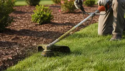 Technician edging lawn borders with string trimmer for clean finish, Chop Chop Landscaping Spokane WA