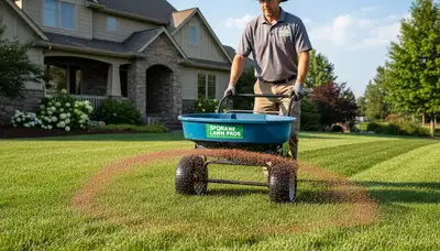Lawn care technician fertilizing residential yard with broadcast spreader in Spokane, WA