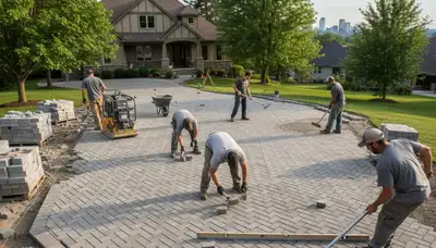 Crew installing driveway pavers in Spokane WA during professional landscaping and base preparation process