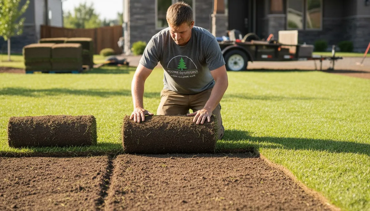 Professional landscaper laying sod rolls with staggered seams in Spokane, WA lawn installation