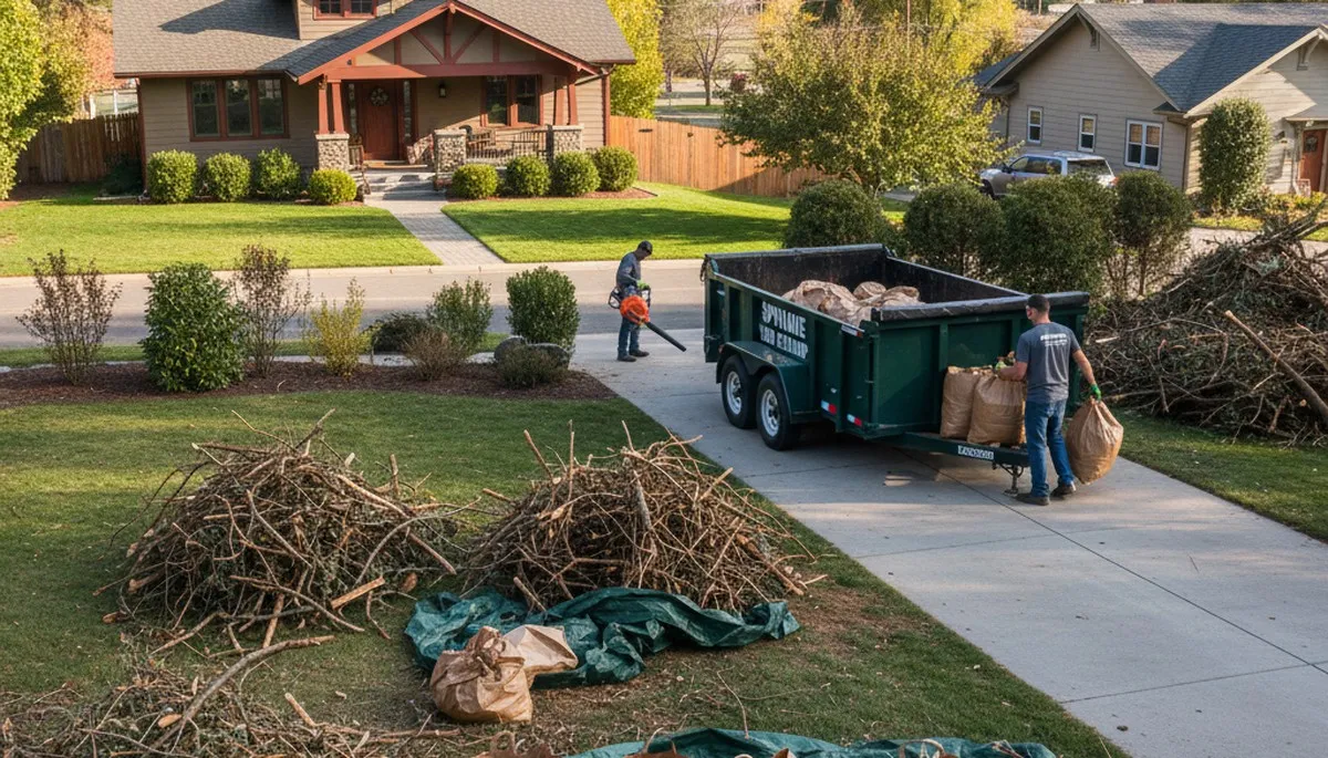 Professional landscapers removing branches and yard debris during a property clean up in Spokane, WA