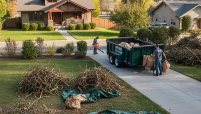 Professional landscapers removing branches and yard debris during a property clean up in Spokane, WA