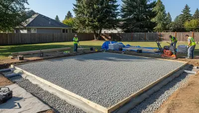 Professional shed foundation base prep with gravel and drainage by landscapers in Spokane, WA