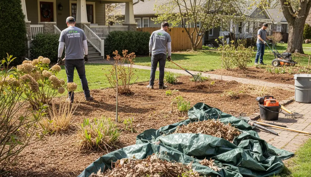 Landscapers pruning and clearing winter debris during spring yard clean up in Spokane, WA