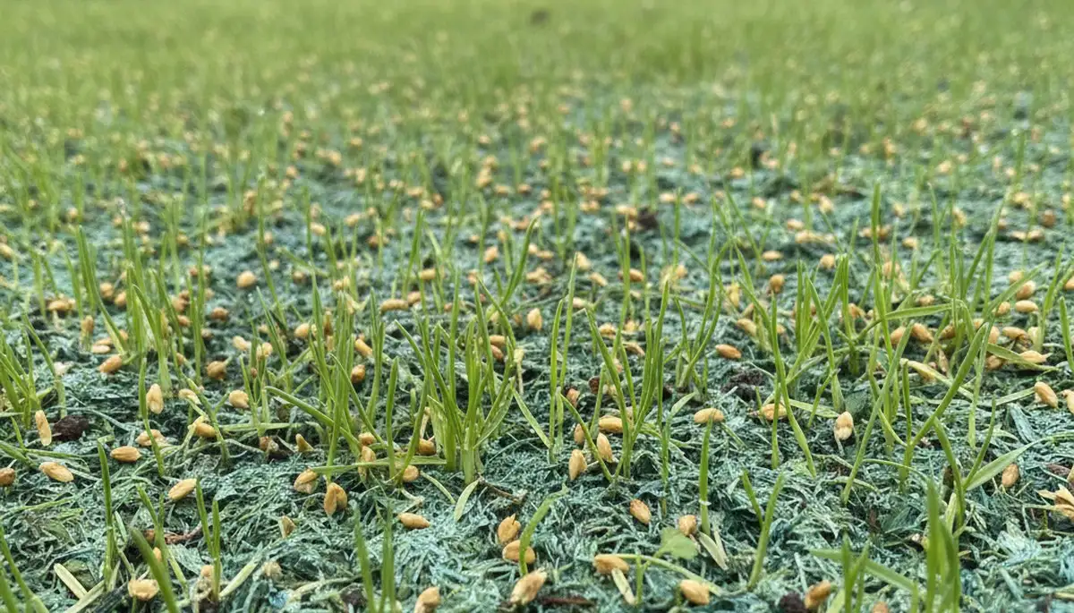 New grass seedlings emerging from hydroseeded soil in Spokane, WA lawn by Chop Chop Landscaping