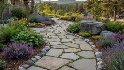 Curved stone paver pathway through landscaped yard by professional landscapers in Spokane, WA