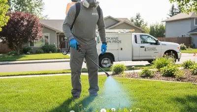 Technician applying targeted weed control on Spokane, WA lawn for precise, professional turf care
